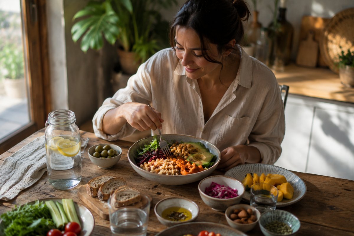 Una mesa con alimentos variados y coloridos