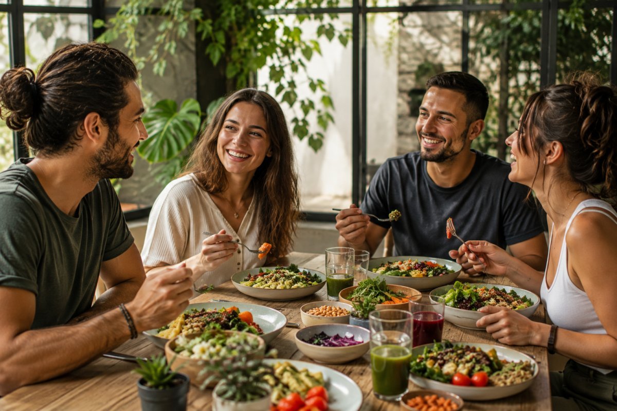 Un grupo de amigos compartiendo una comida saludable y equilibrada