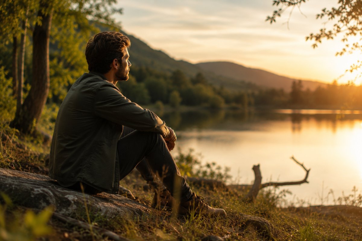 Un hombre reflexionando en un entorno natural sereno