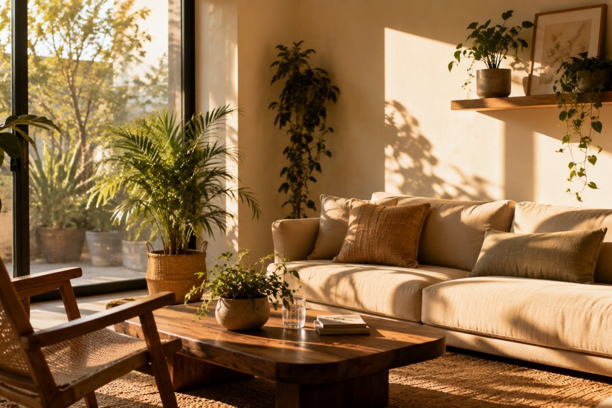 Sala de estar iluminada por luz solar, creando un ambiente saludable