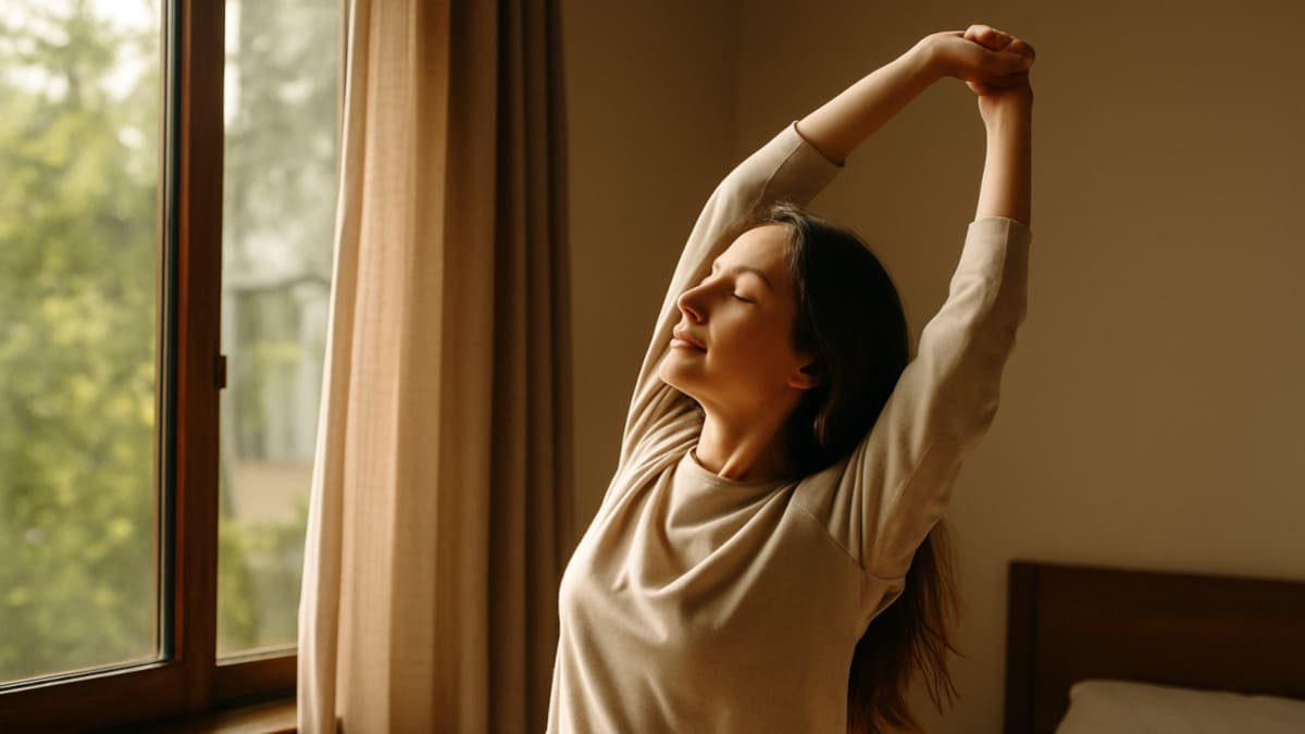 persona estirándose junto a una ventana con luz natural por la mañana