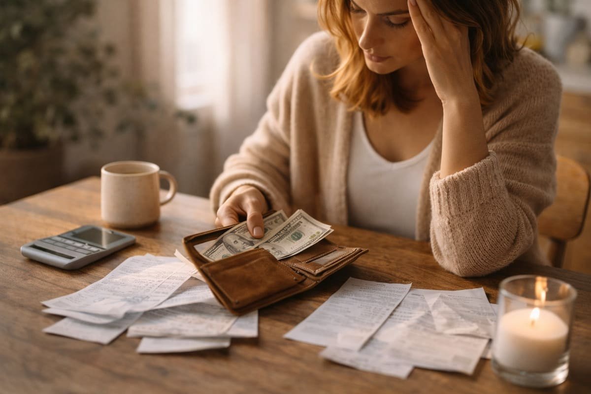 escena cotidiana relacionada con decisiones de dinero que refleja tensión y movimiento interno