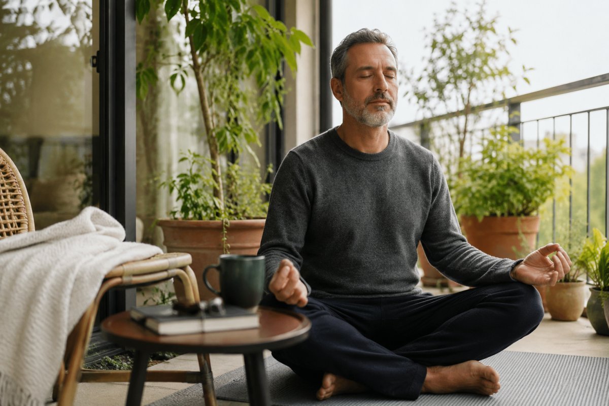 Un hombre maduro meditando con una expresión de calma y concentración