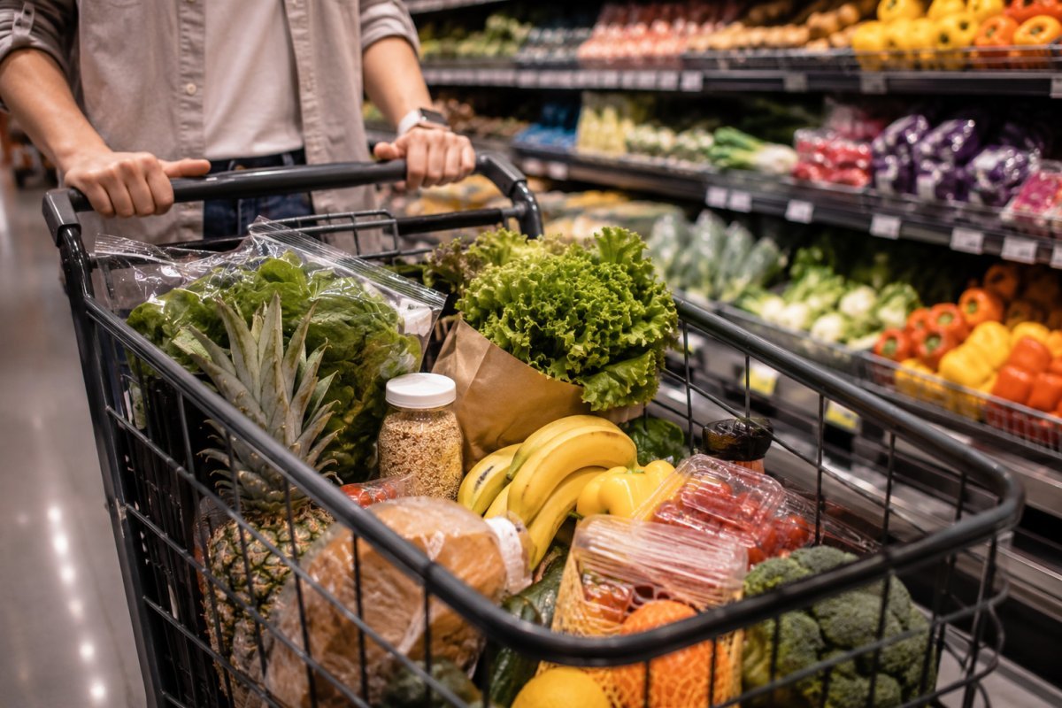 Un carrito de compras lleno de alimentos saludables en un supermercado