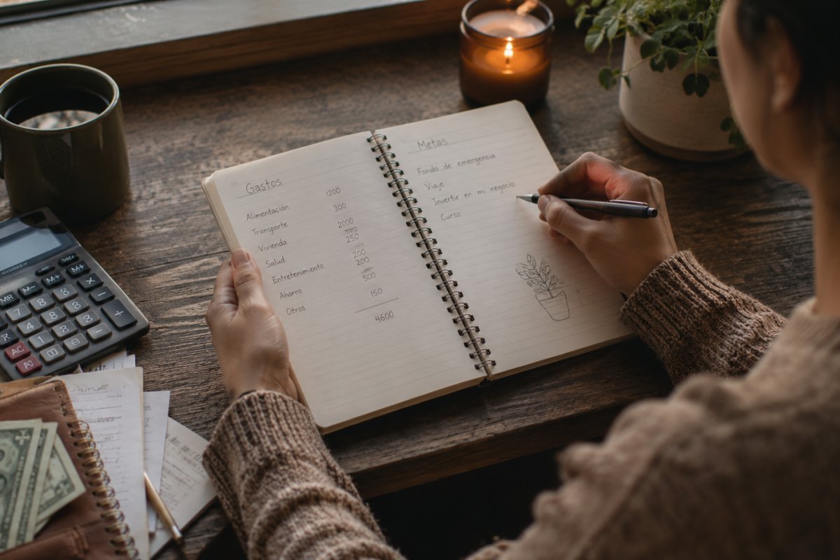 Manos sosteniendo un cuaderno de finanzas en un espacio tranquilo