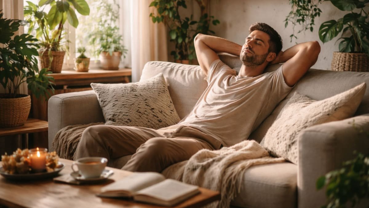 persona descansando en una sala con luz natural plantas y ambiente tranquilo