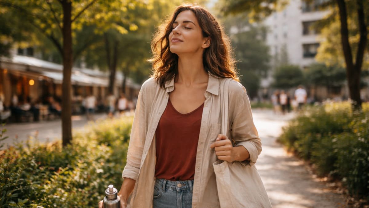 persona caminando por la ciudad con luz natural ambiente urbano tranquilo