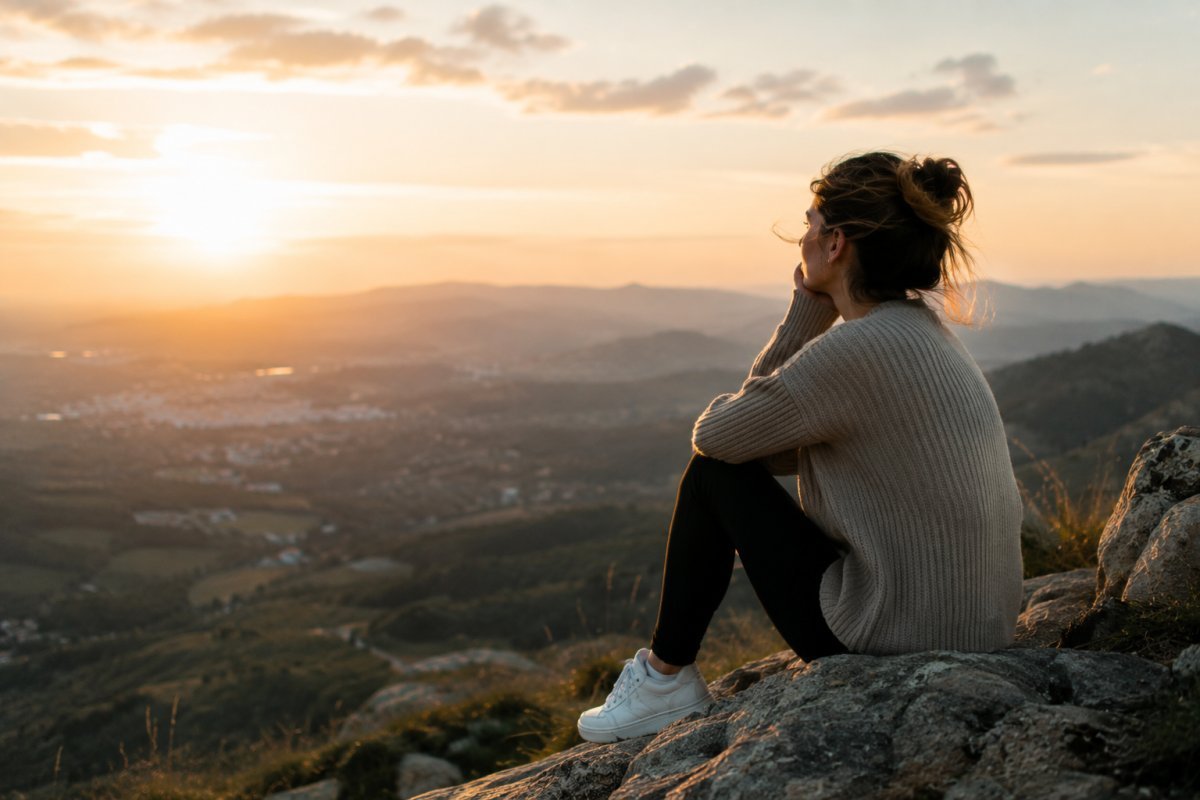Joven reflexionando mientras observa el horizonte desde una colina