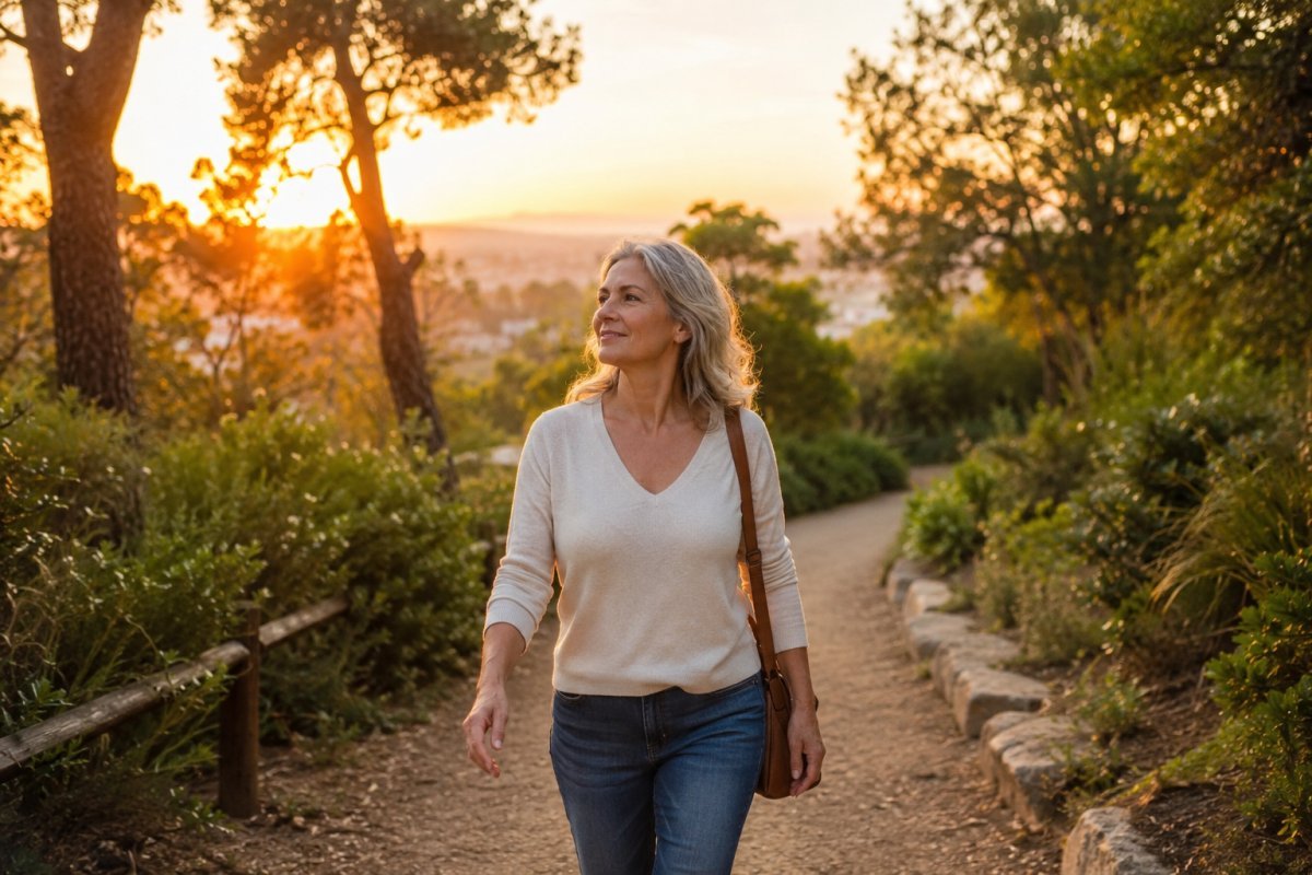 Una mujer madura caminando al atardecer en un sendero rodeado de naturaleza