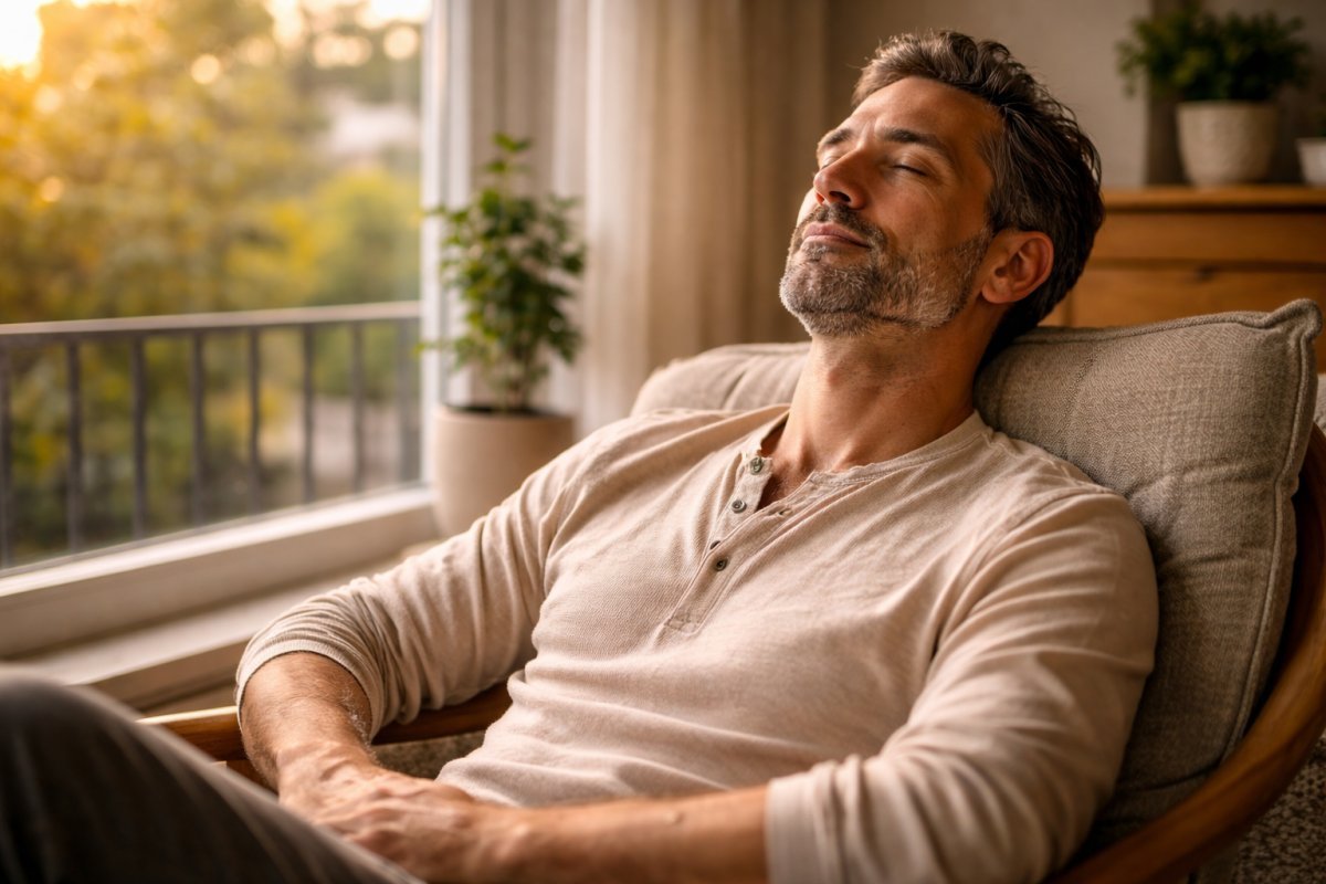 Hombre adulto sentado en un sillón cerca de ventana respirando profundamente con luz natural y paisaje urbano de fondo