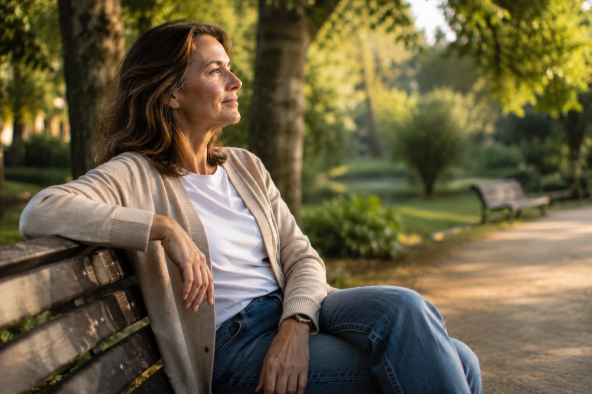 Una mujer madura reflexionando en un parque tranquilo