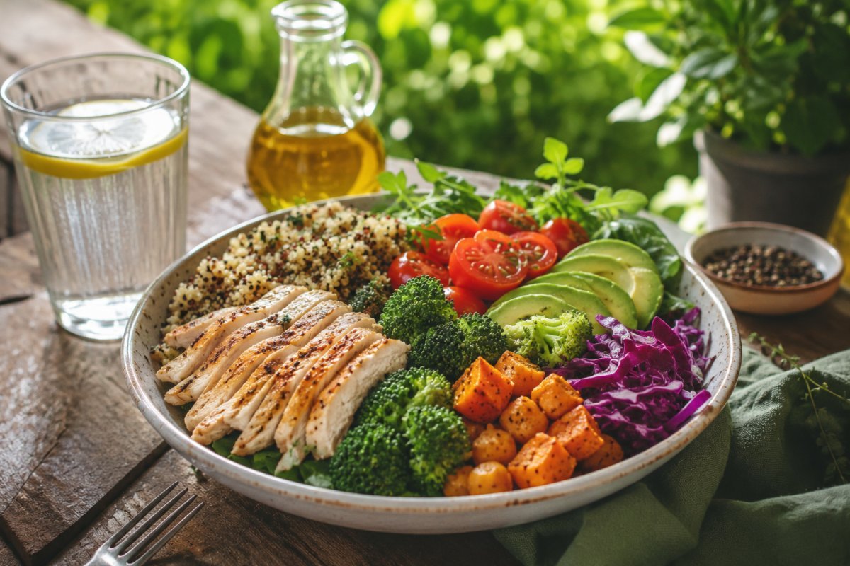 Un plato colorido lleno de alimentos frescos y balanceados