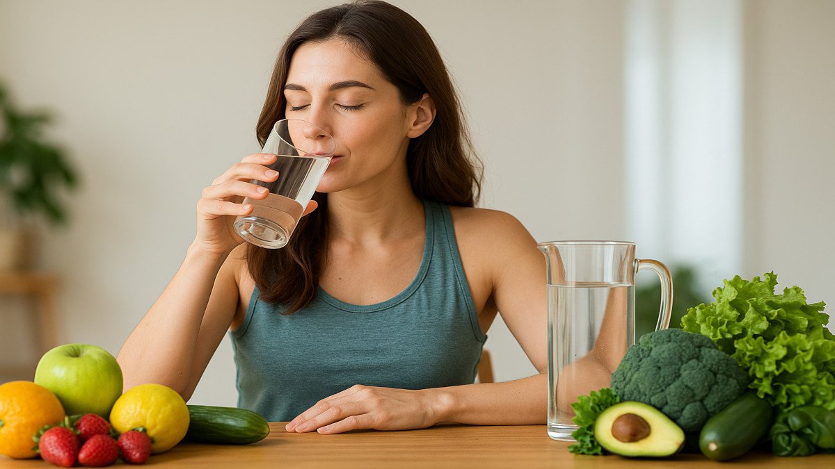 Mujer relajada bebiendo agua con limón en un ambiente natural, concepto de detox saludable