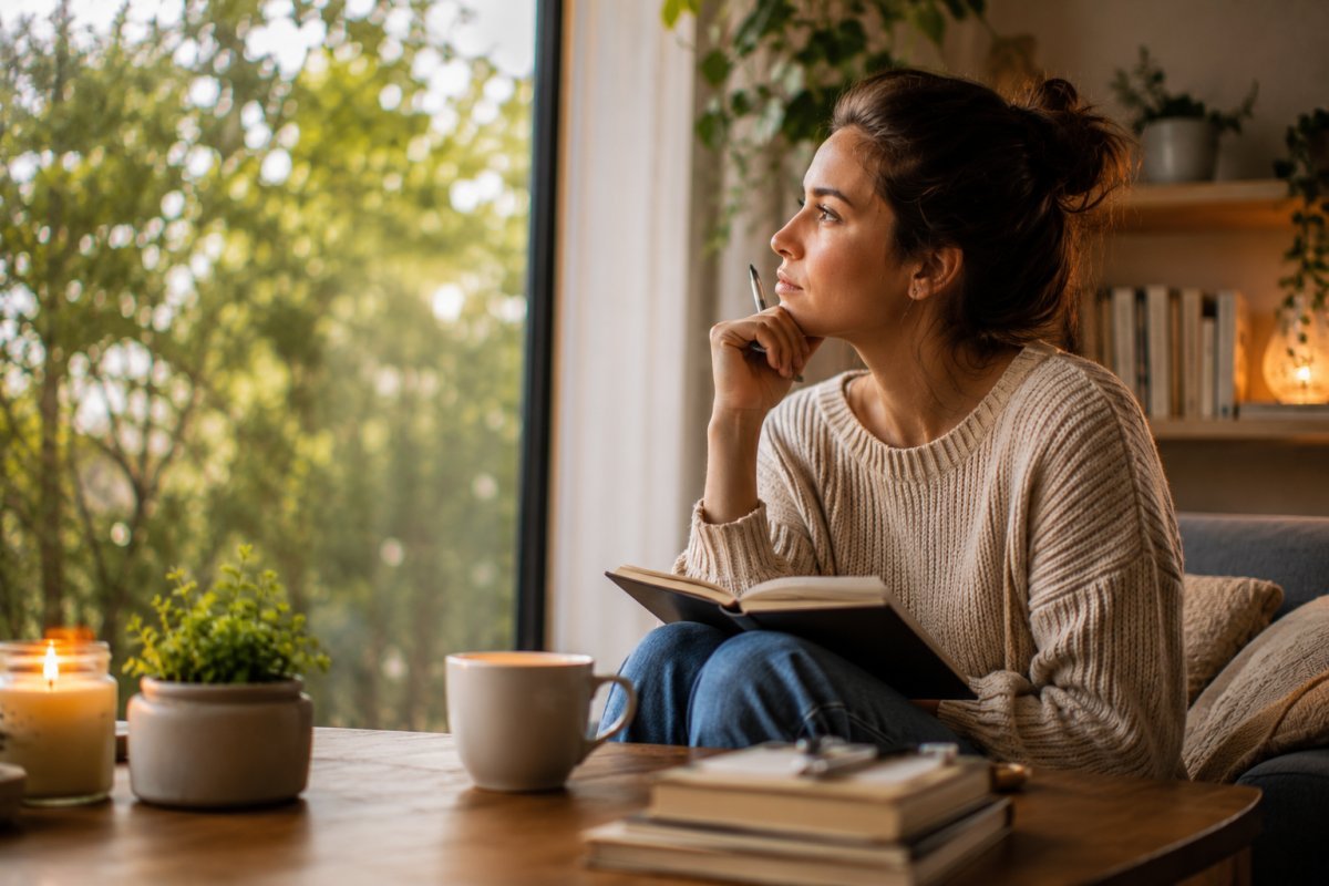 Una mujer reflexionando en un entorno tranquilo