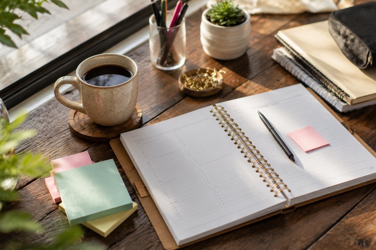Mesa organizada con una taza de café y un cuaderno abierto