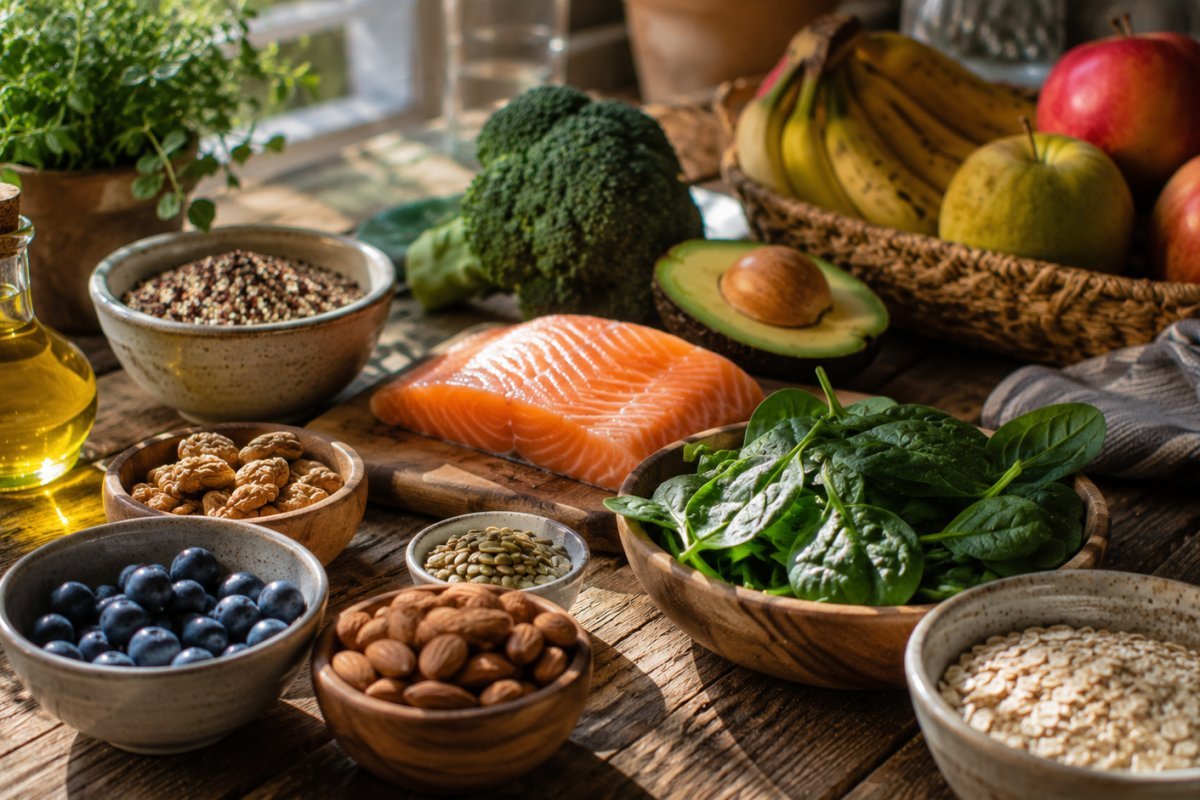 Variedad de alimentos saludables sobre una mesa de madera