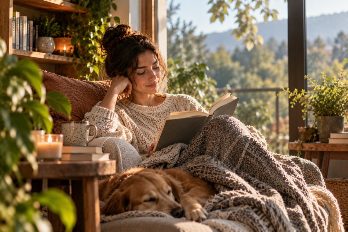 Mujer leyendo un libro en calma, mejorando su salud mental