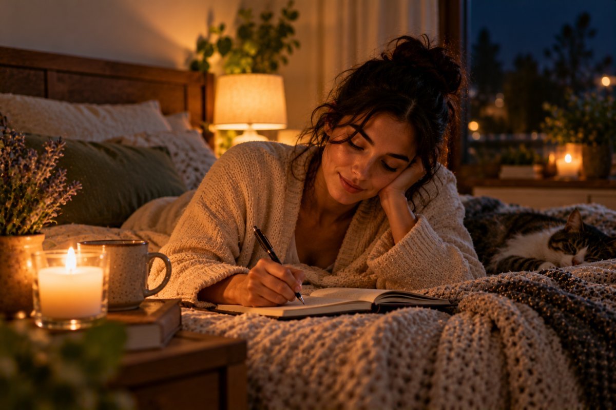 Persona escribiendo en su diario de gratitud por la noche