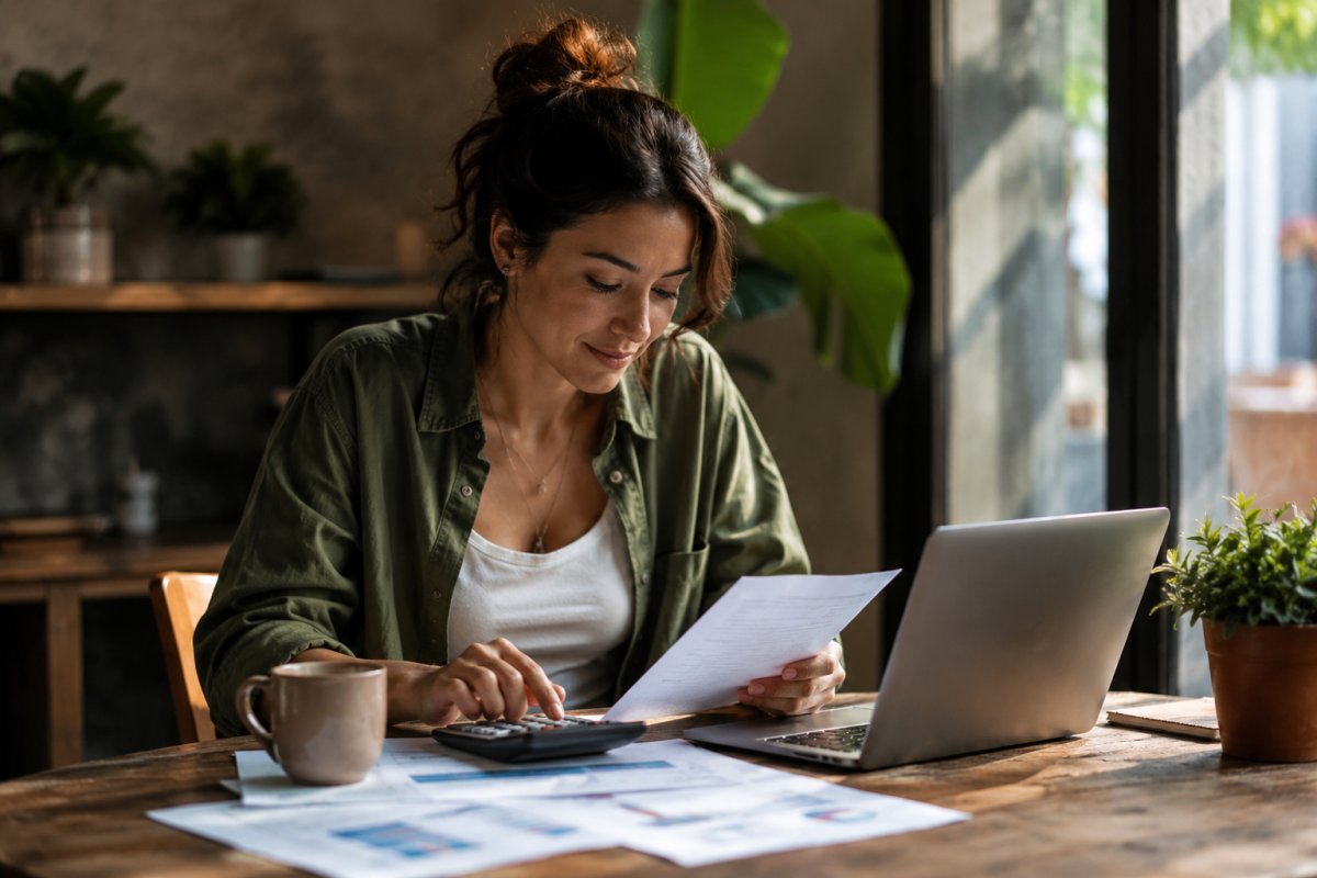 Una emprendedora revisando sus finanzas con confianza