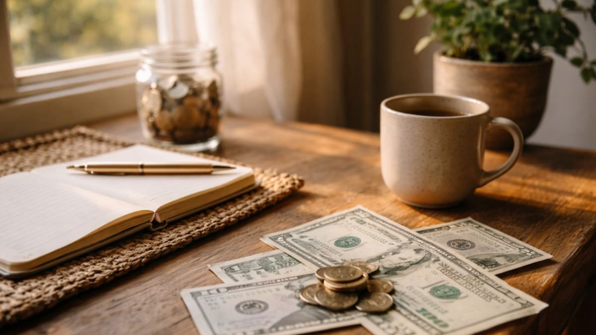 luz de la mañana entrando por ventana con taza de cafe y libreta tranquila