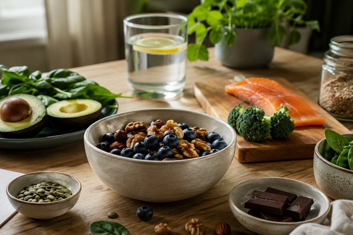 Mesa con alimentos variados para mejorar el enfoque mental