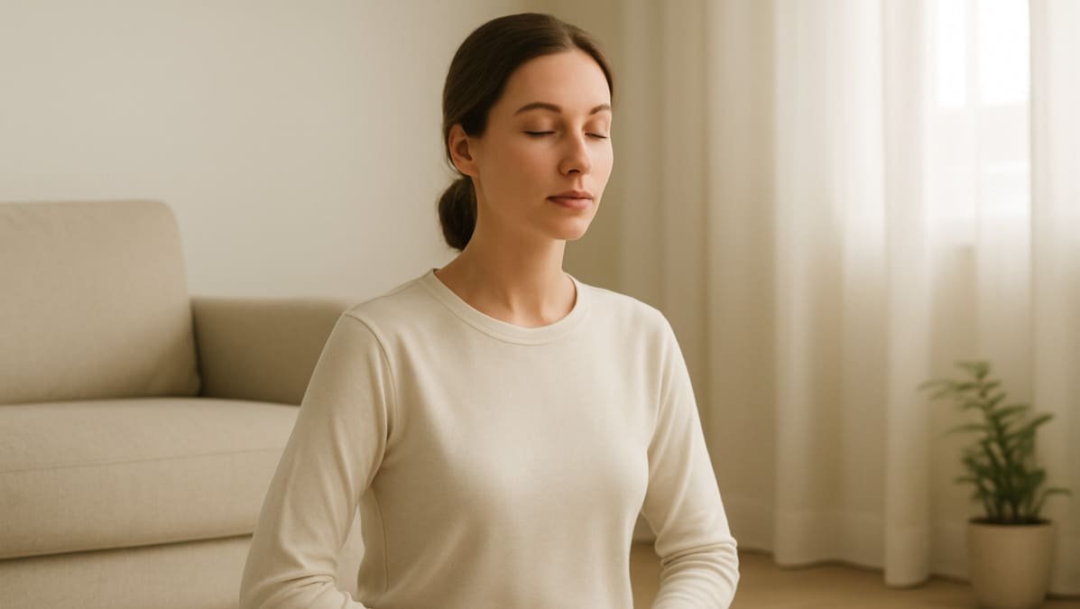 mujer sentada en posición relajada realizando práctica de respiración y mindfulness con luz natural suave
