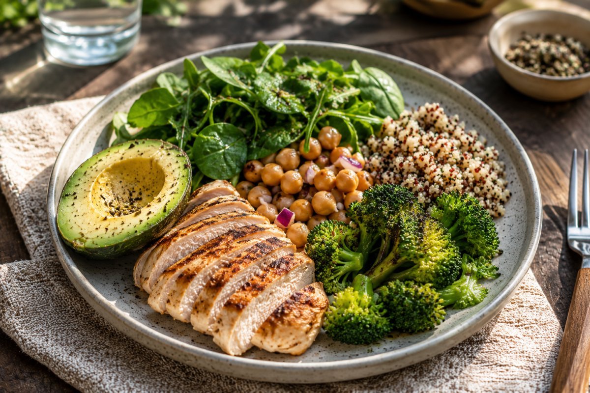 Un plato balanceado con fibra, proteínas y grasas saludables