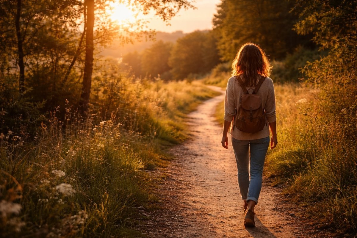 Persona caminando sola por un sendero natural al atardecer mientras la luz cálida ilumina el paisaje alrededor