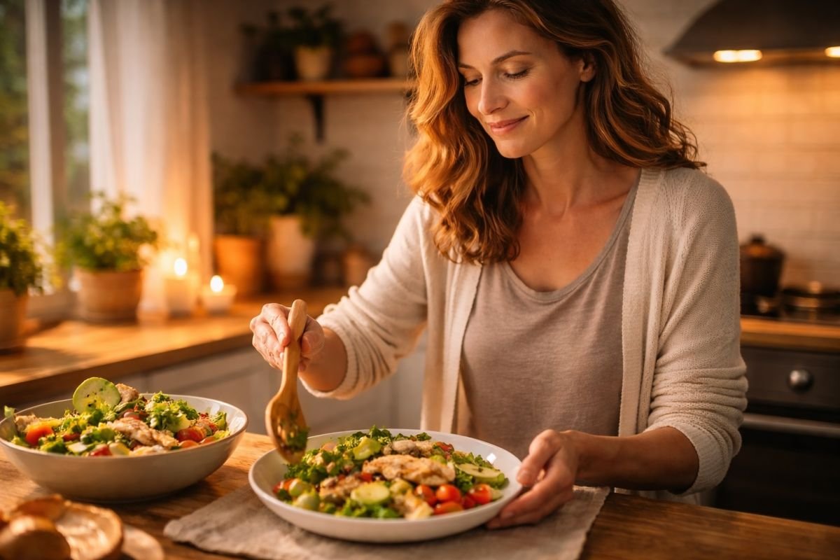 Mujer adulta sirviendo una cena ligera y nutritiva con luz natural cálida