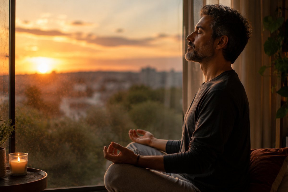 Un hombre maduro meditando al atardecer junto a la ventana