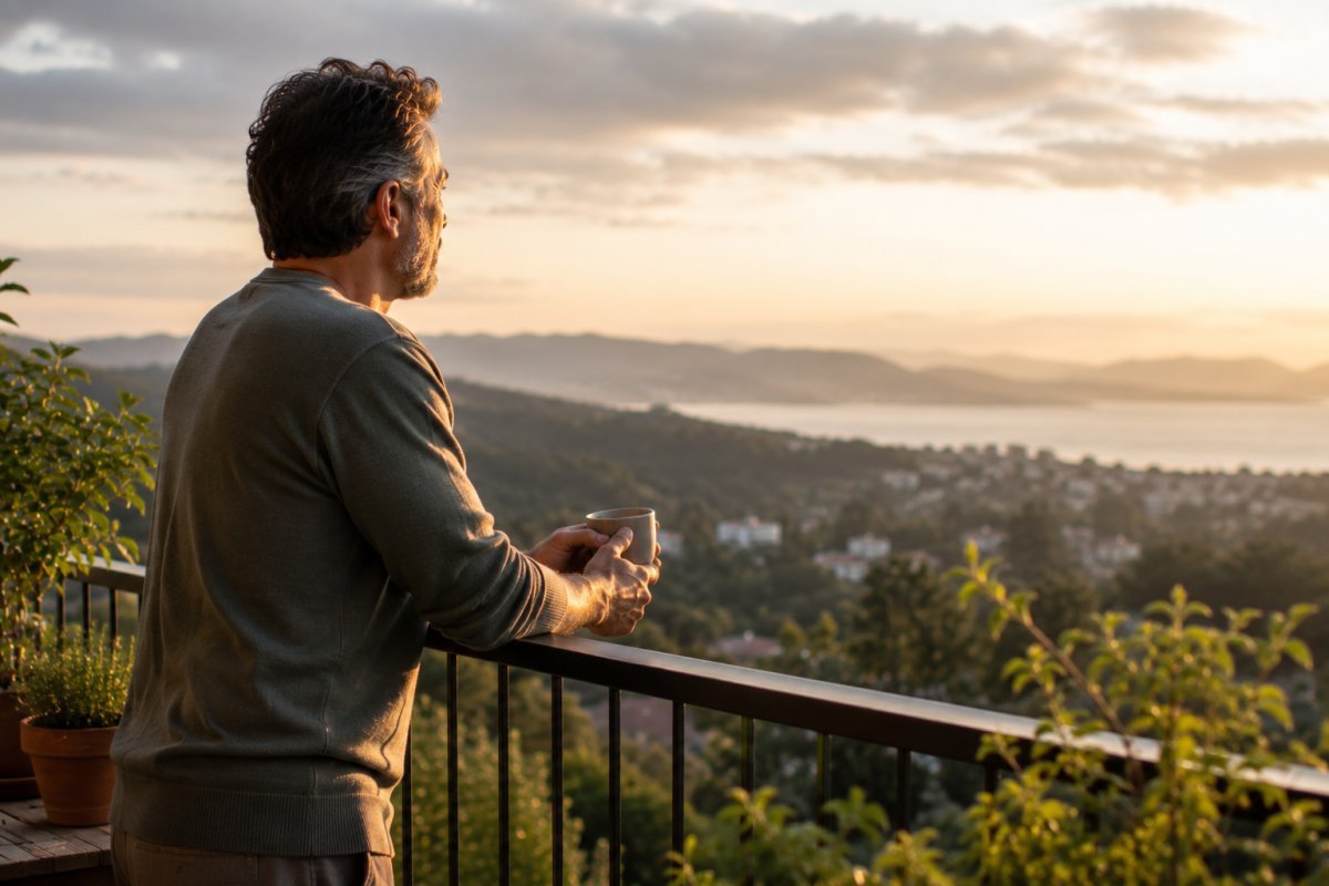 Un hombre maduro mirando el paisaje desde su balcón con tranquilidad
