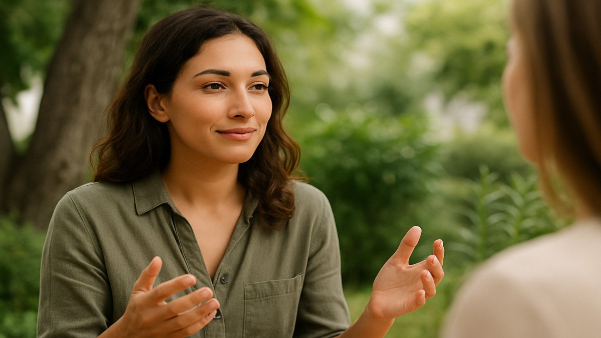 Mujer tranquila conversando con serenidad, mostrando confianza y equilibrio emocional en un entorno natural y luminoso