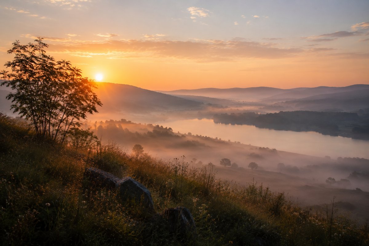 Paisaje sereno al amanecer con niebla suave
