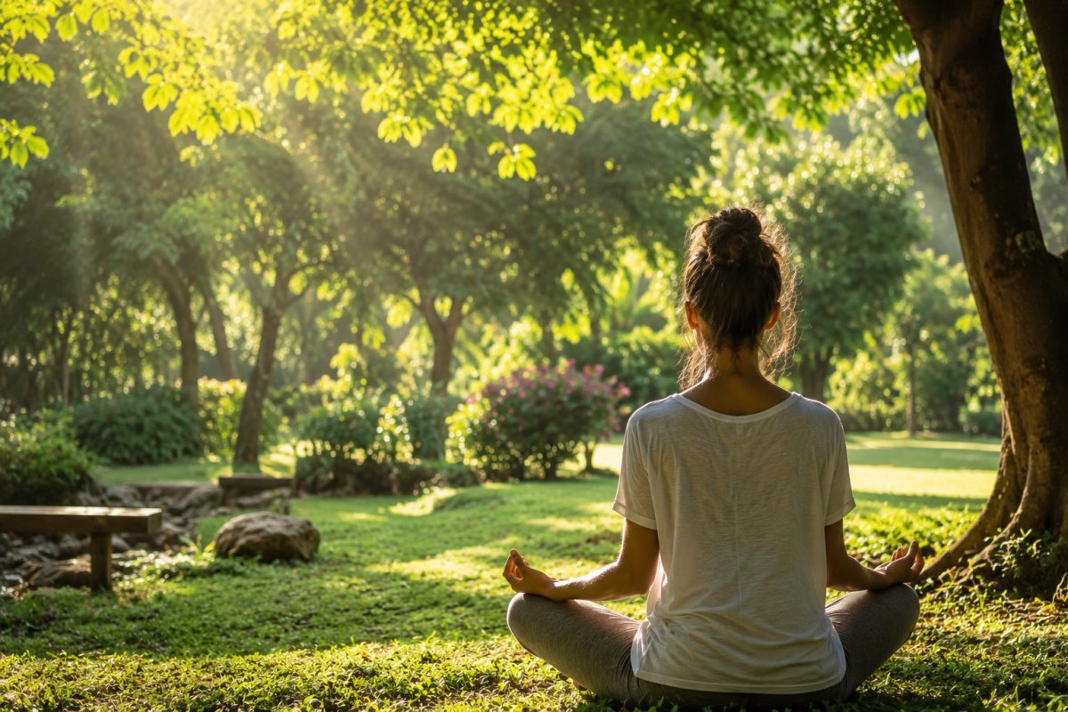 Una persona meditando en un parque soleado rodeado de naturaleza