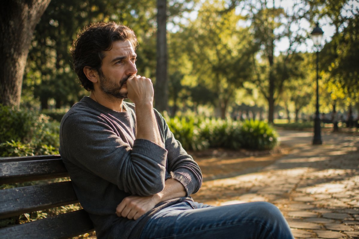 Un hombre reflexionando en un parque con expresión pensativa