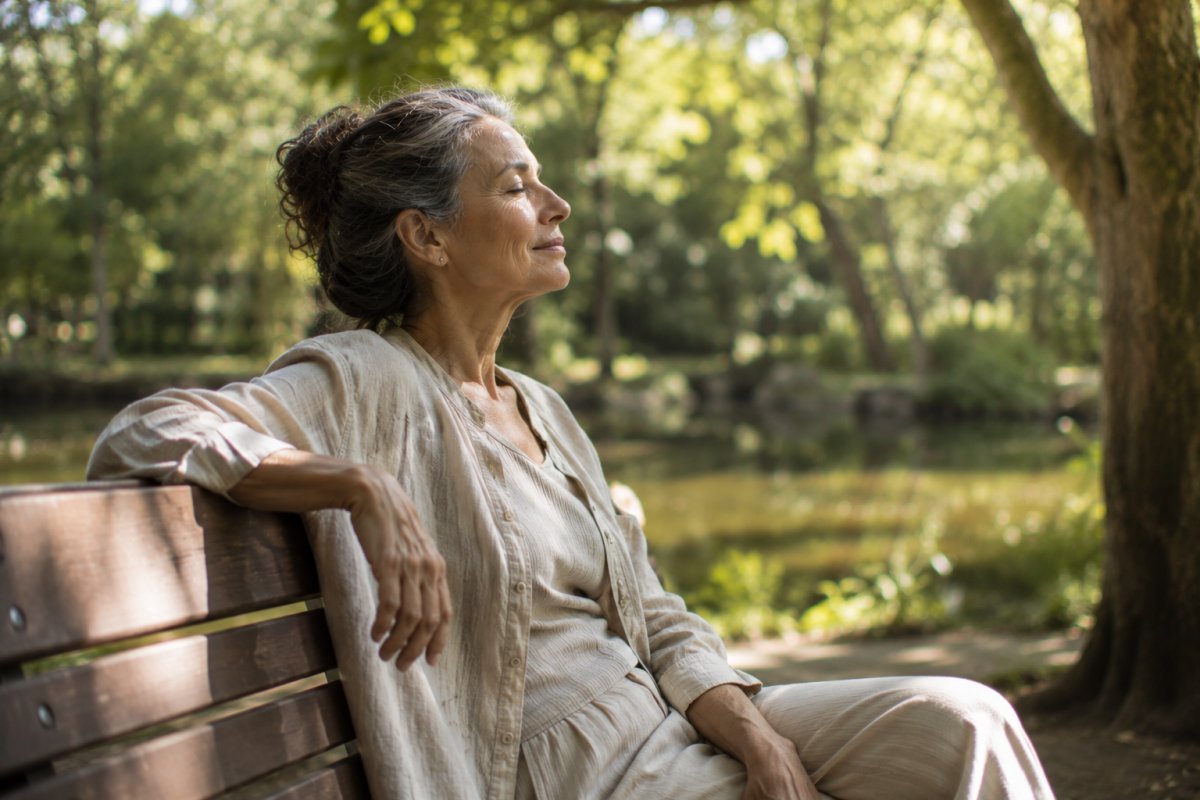 Una mujer madura disfrutando de la tranquilidad en un parque