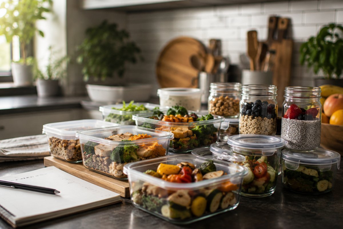Una cocina ordenada con recipientes variados listos para meal prep