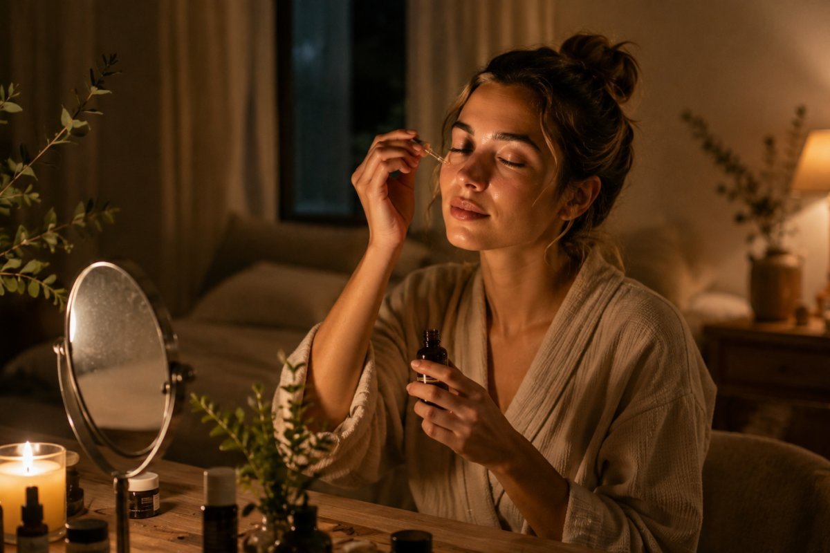 Mujer realizando rituales nocturnos para una piel radiante