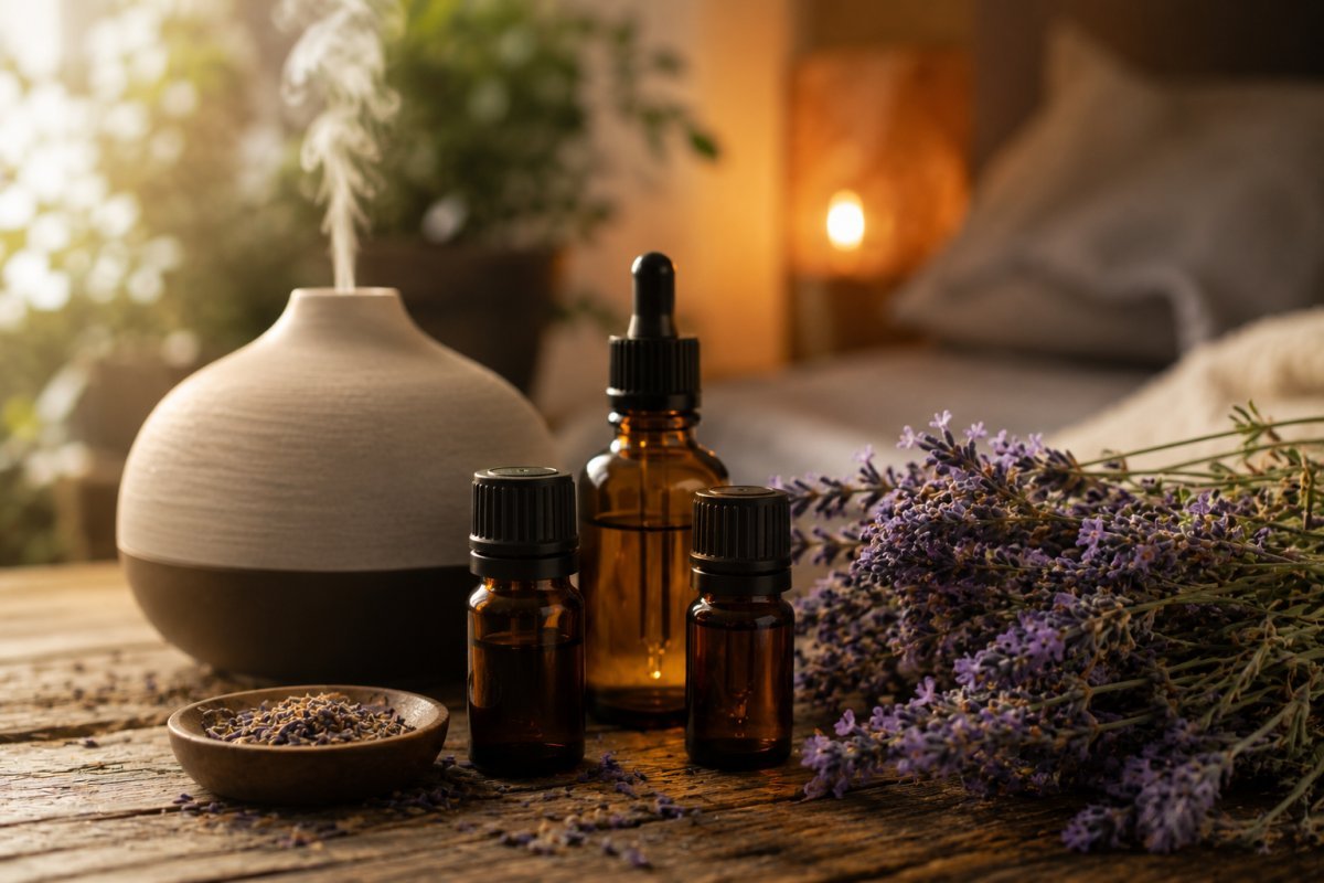 Botellas de aceites esenciales junto a lavanda para combatir el estrés.