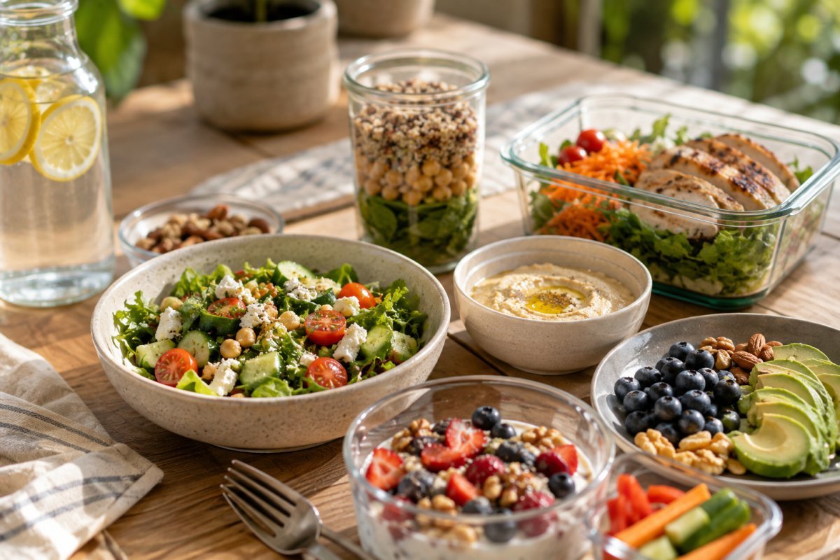 Mesa con alimentos saludables listos para consumir