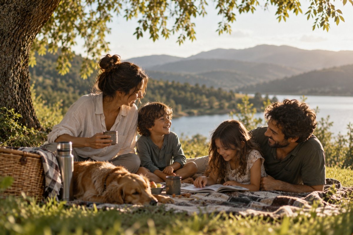 Familia disfrutando de un día tranquilo al aire libre aplicando el slow living.