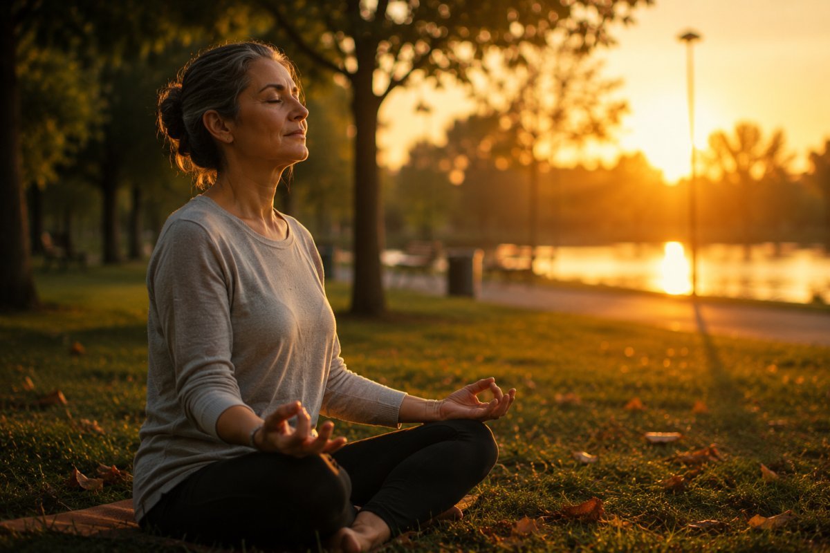 Una mujer madura meditando en un parque al atardecer