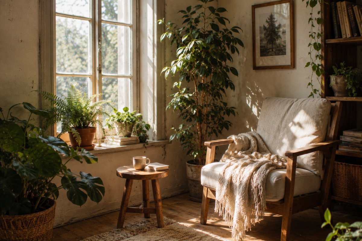Un rincón de la casa con luz natural y plantas