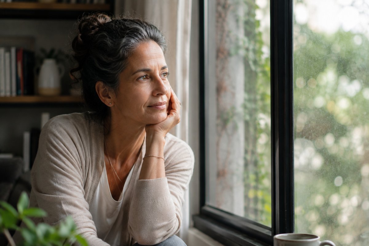Una mujer madura reflexionando cerca de una ventana con luz natural
