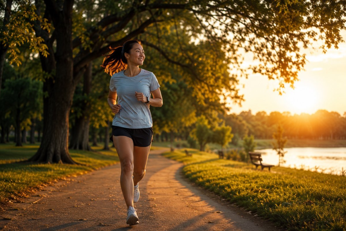 Un corredor disfrutando de una carrera ligera en un parque al atardecer