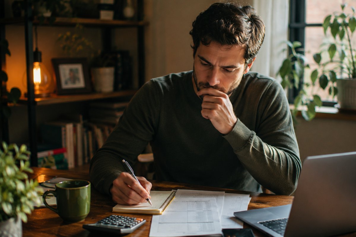 Un hombre reflexionando sobre sus finanzas mientras anota en una libreta