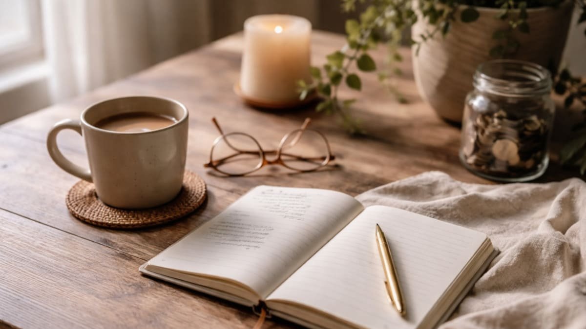 libreta abierta con taza de cafe en mesa tranquila