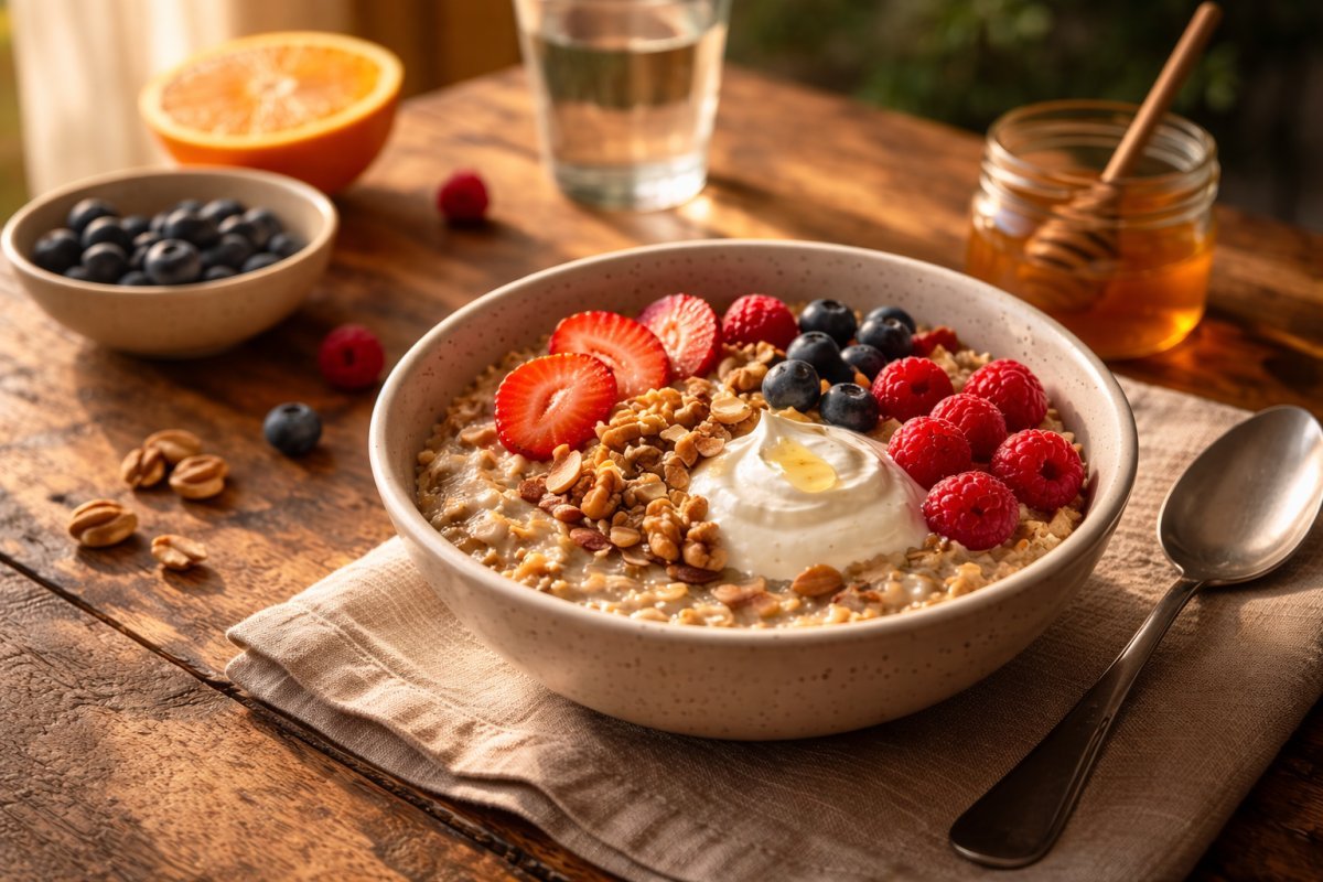 Plato con avena, fruta fresca, yogur y frutos secos sobre una mesa iluminada por luz natural de la mañana