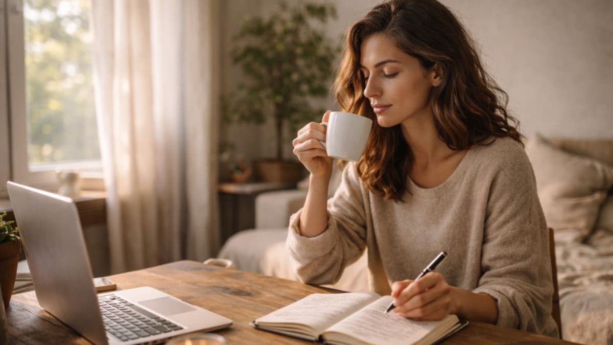 persona organizando su dia con calma en casa luz natural ambiente relajado