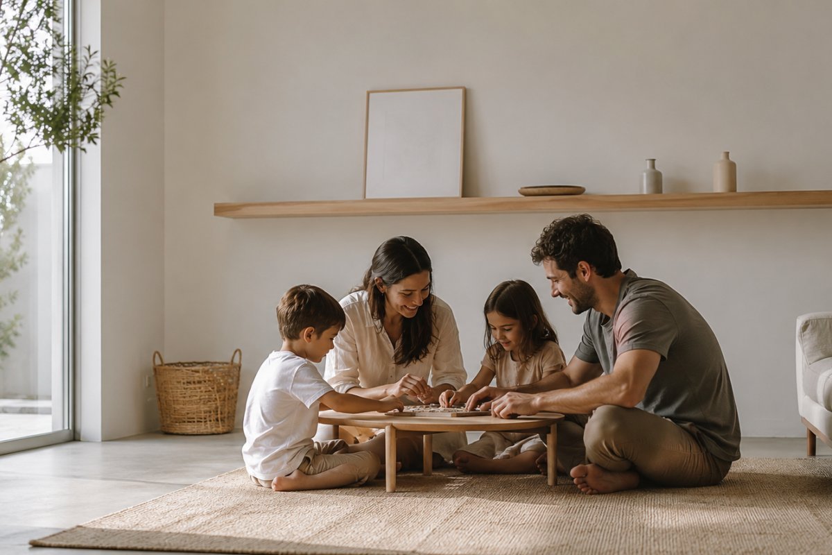 Una familia disfrutando de tiempo de calidad en un espacio minimalista